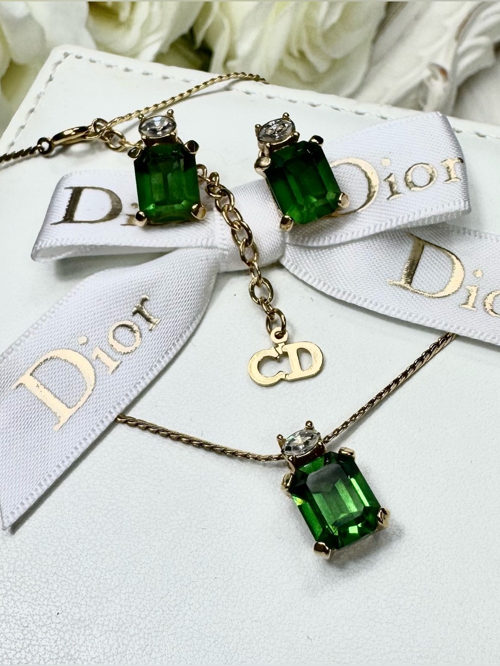 Vintage 80s 90s Christian Dior Green and Gold Tone Necklace Earring Set